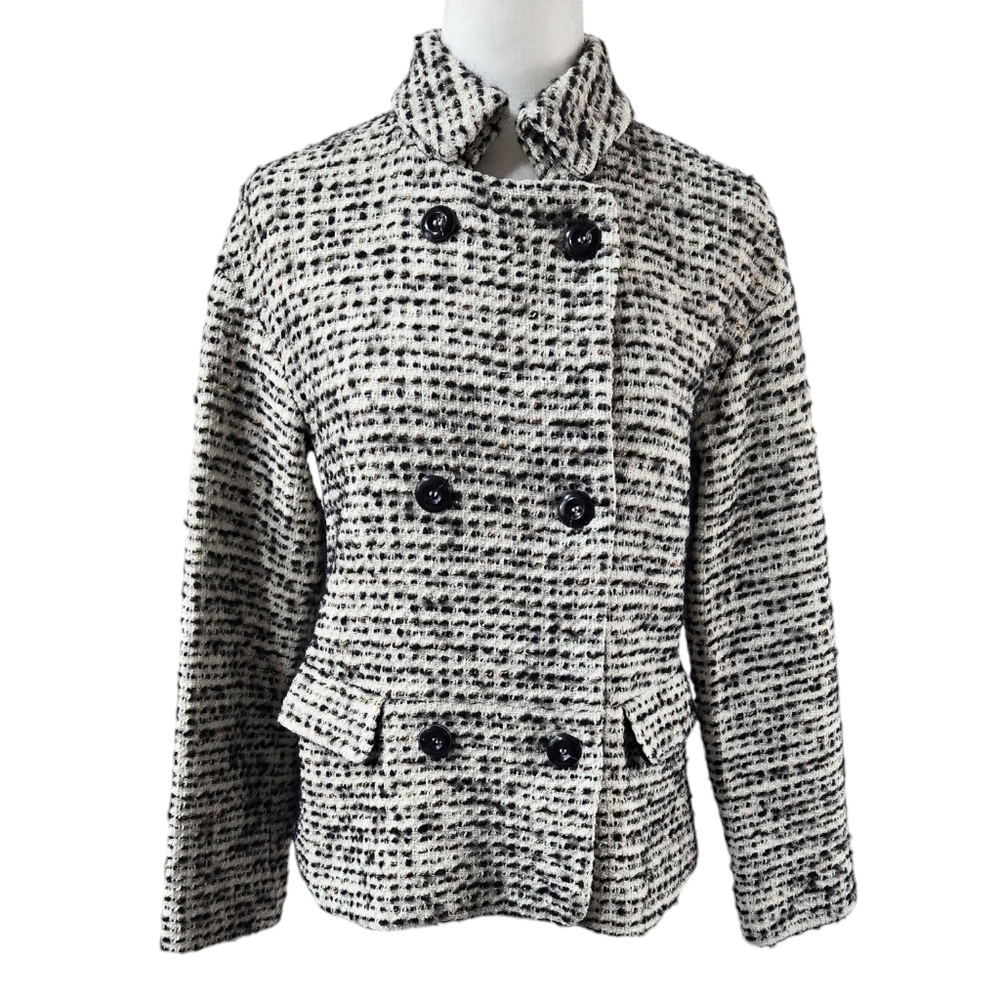 French Connection Wool Blend Cream Black Tweed Double Breasted Peacoat Preppy